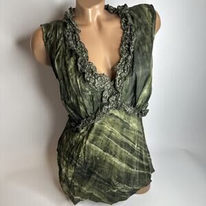 Vintage Geoff Bade Green Crinkle Top Australia Ruffle Trim Boho Blouse 14 Large